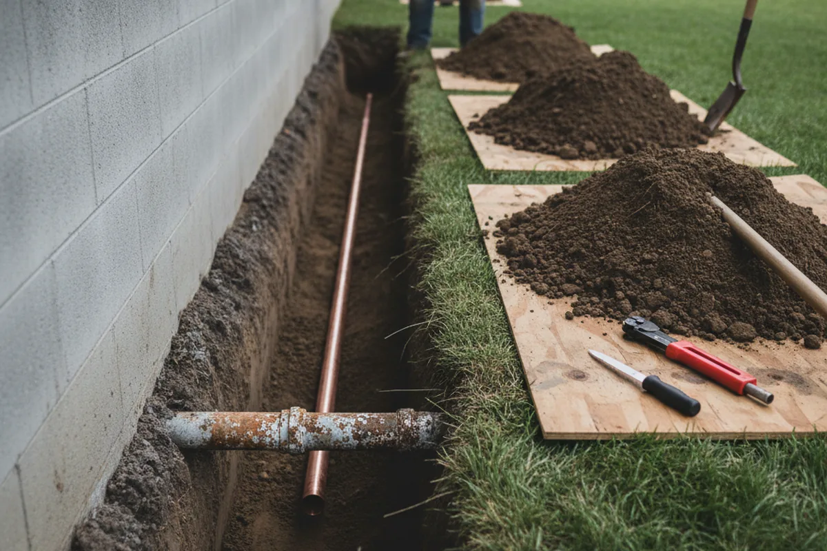 Excavated water line trench during Water Softener Installation in Boring